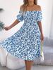 Abito midi da donna con scollo quadrato, maniche corte a sbuffo, smock in vita alta, a balze, con stampa floreale piccola, linea ad A