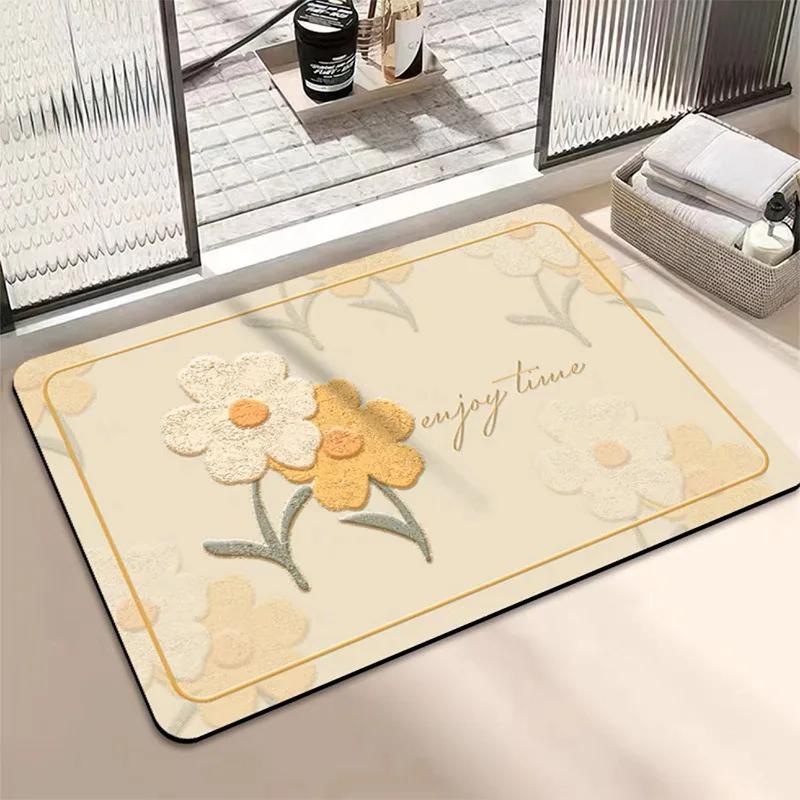 Bathroom Diatom Mud Absorbent Mat Household Fresh Flower Anti-Slip Easy Scrub Mat Bedroom Bedside Bathroom Door Mat