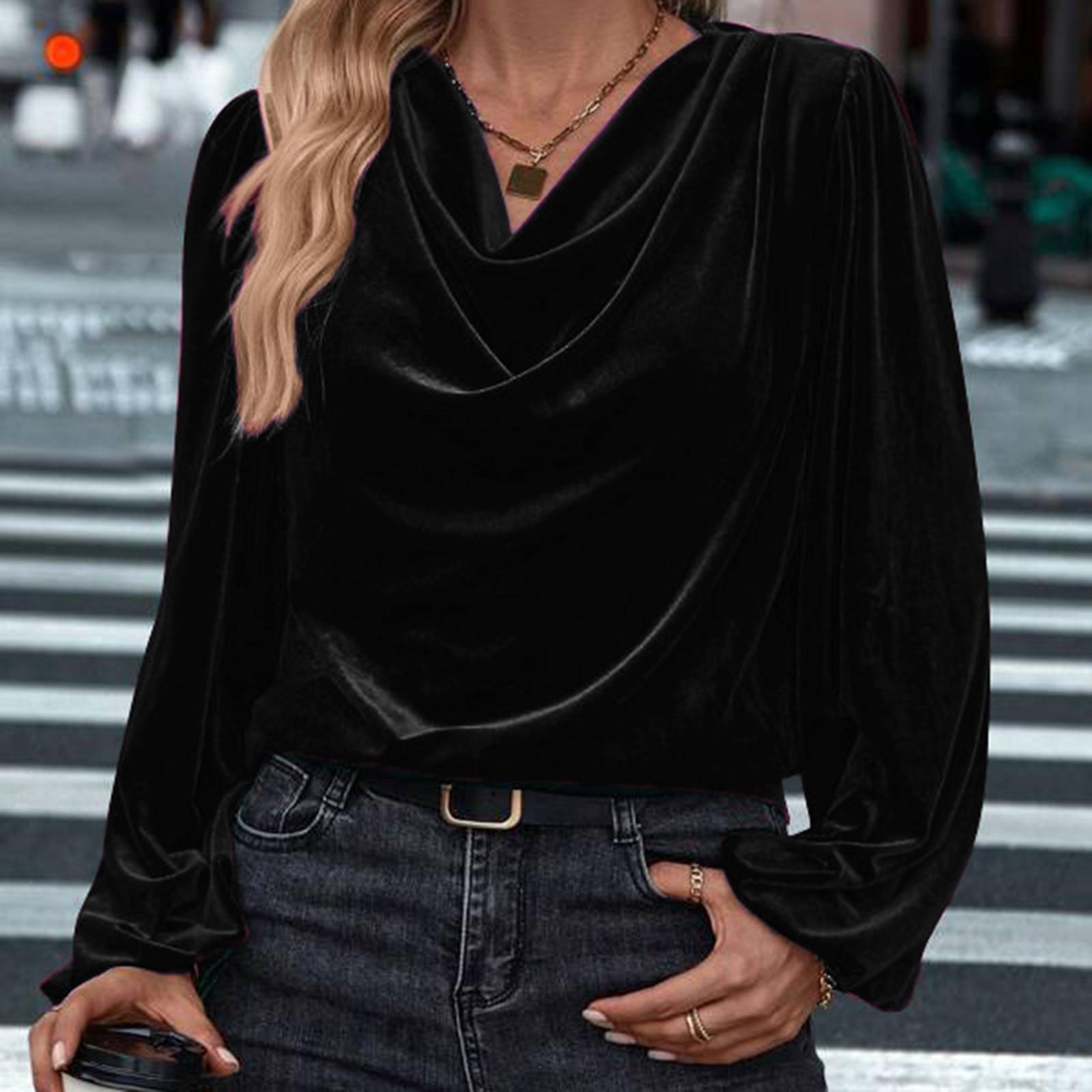 

Женская мода повседневный однотонный топ с длинным рукавом и V-образным вырезом L чёрный