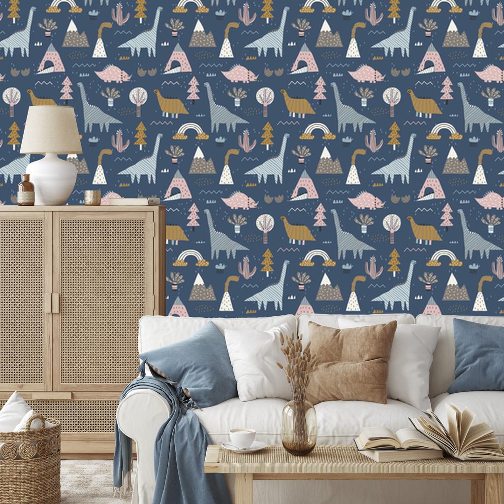 Wallpaper Colorful dinosaurs rainbows clouds for living room and bedroom 50x1000