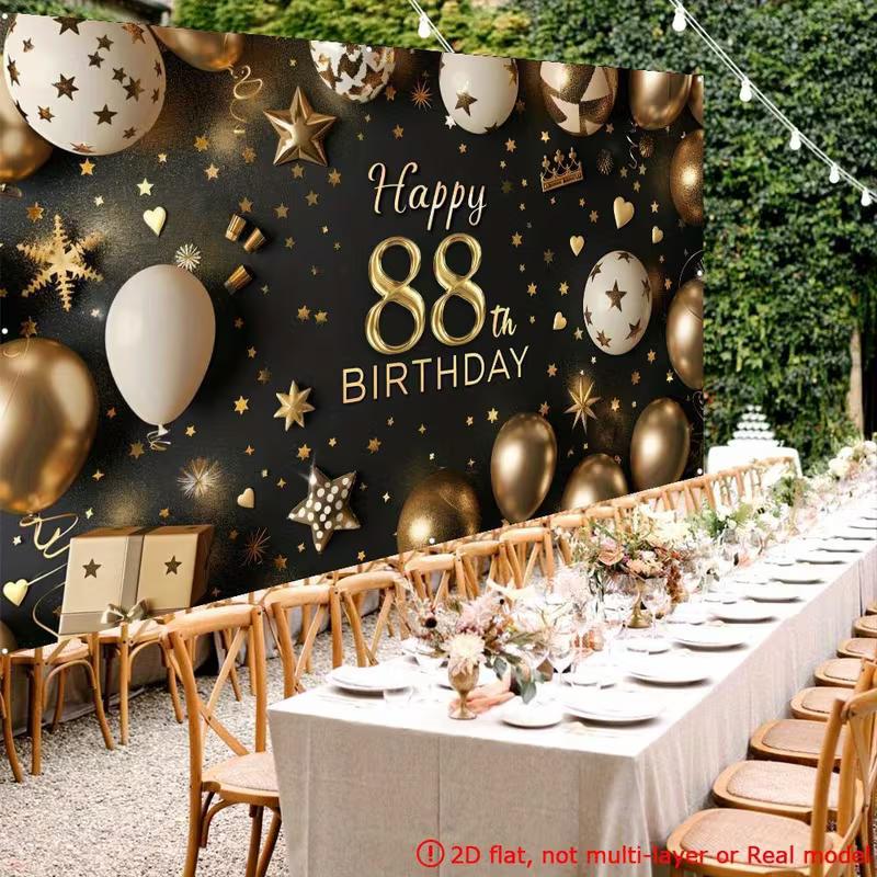 2D Luxuriöser 88. Geburtstag Hintergrund, Schwarz-Gold-Thema mit Krone & Geschenk für Party