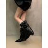 European and American Fashionable Pointed High-heeled Short Boots Belt Buckle Rivet Trouser Tube Boots Thin Stacking Boots