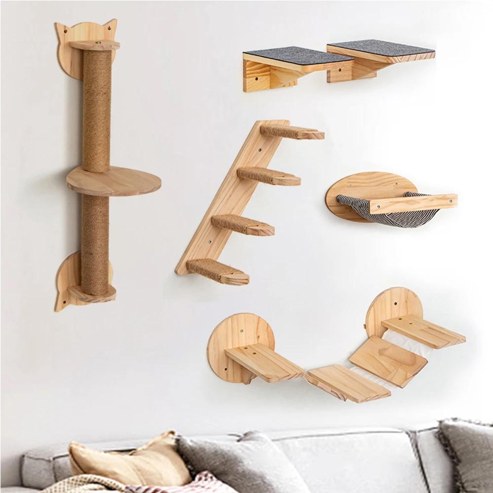 Wall Mounted Cat Climbing Shelves Cat House Cat Bridge Cat Hammock with Scratching Post and Pedals or Stairway for Kittens