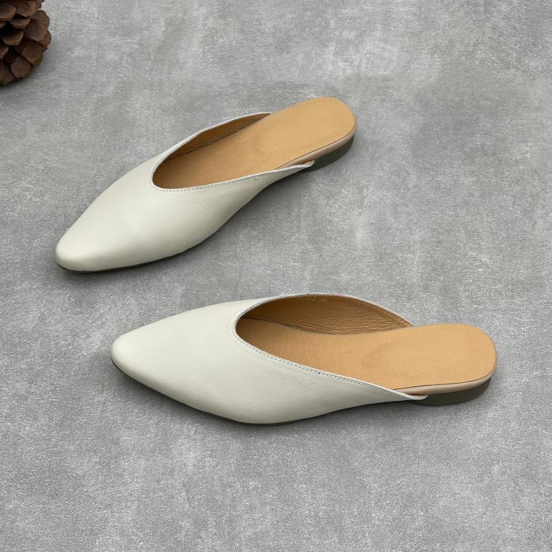 Johnature Pointed Toe Genuine Leather Women's Slippers Casual And Versatile Soft Cowhide Outdoor Slip-on Shoes
