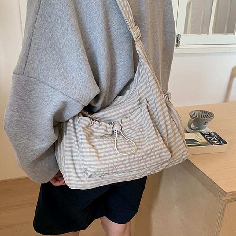 Korean Style Plaid Casual Shoulder Bag, Lightweight Checkered Crossbody Bag With Adjustable Strap, Cotton Quilted Fabric Handbag