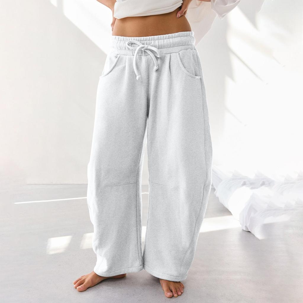 Women's Barrel Leg Sweatpant Drawstring Elastic Waisted Wide Leg Pants Casual Cotton Palazzo Trousers With Pockets
