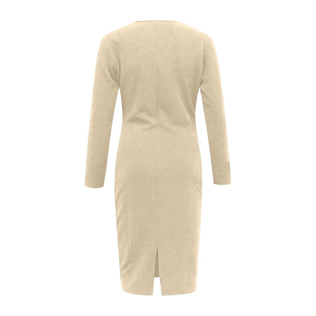 Ladies Fashion Long Sleeve V-neck Color Split Hip Packing Tight Dress