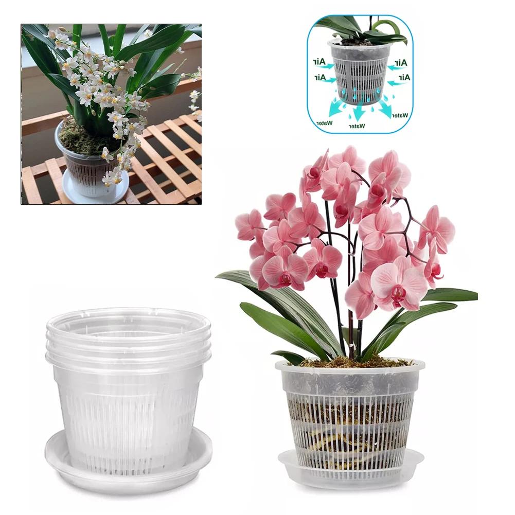 16*14cm Orchid Pot Flower Pot With Saucers Guides Root Growth Stable Saucers Clear Plastic Pots Drainage Holes 19cm