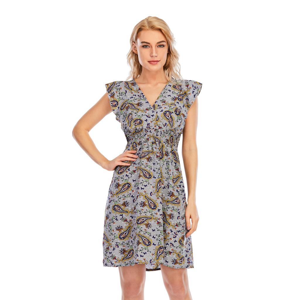 Women Summer V-Neck Chiffon Print Ruffled Sleeveless High Waist A Line Chic Dress S-XXL