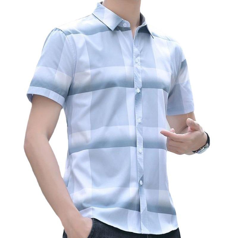 Fashion Shirt Men's Summer Short-sleeved Plaid Casual Slim Trend Non-iron Anti-wrinkle Shirt Blouse Men