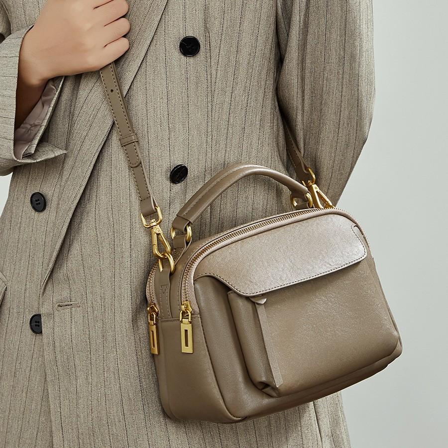 Genuine Leather Fashion Boston Bag Women'S Retro First Layer Crystal Vegetable Tanned Cowhide Portable Messenger Bag Trendy Shoulder Women'S Bag