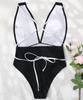 Women's Swimsuit Black Deep V Sexy High Waist Back Tie One Piece Bikini Swimsuit