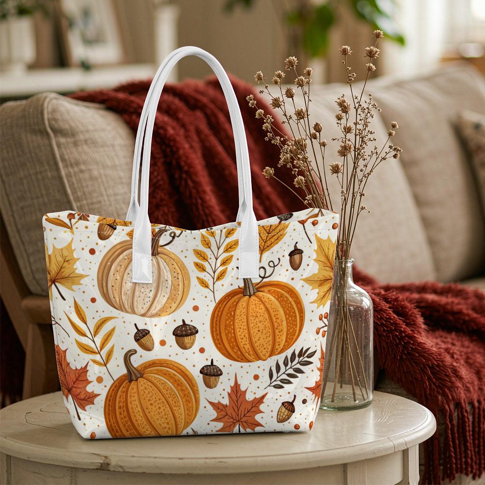 Autumn Pumpkin Maple Leaf Print Tote Bag Portable Casual Shoulder Handbag for Daily Use