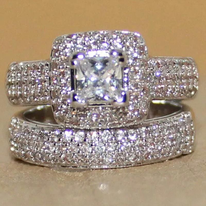 Luxury Fashion Wedding Rings for Women 2Pcs/Sets Full Shiny Tiny CZ Jewelry for Engagement High-quality Accessories Gift