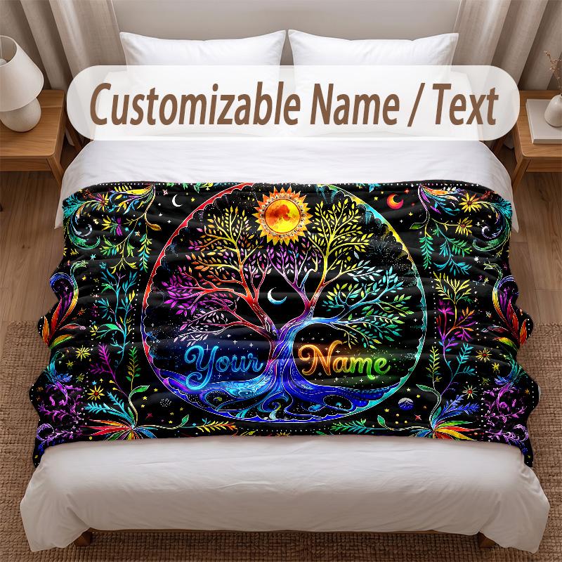 Tree of Life Theme Soft Blanket Personalized Custom Name Text Print Warm Blanket Home Sofa Bedroom Decor