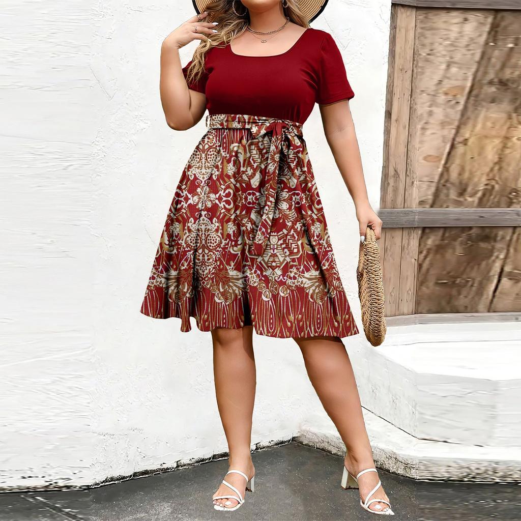Damska Modna i Trendy Sukienka z Krótkim Rękawem i Okrągłym Dekoltem z Nadrukiem w Talii w Dużym Rozmiarze