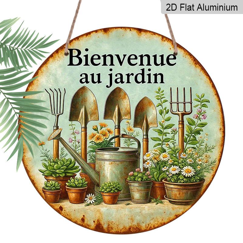 

2D Flat, 1pc Round French Aluminum Sign, Vintage Welcome to the Garden Decor Plaque - Garden Tools & Plants Wall Plaque, Decor Sign for Balcony 7.87×7.87inch