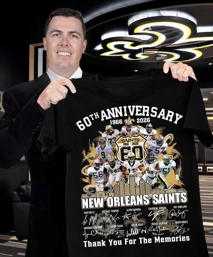 New Orleans Saints 60th Anniversary Shirt 1966-2026 Signatures Thank You Memorie L