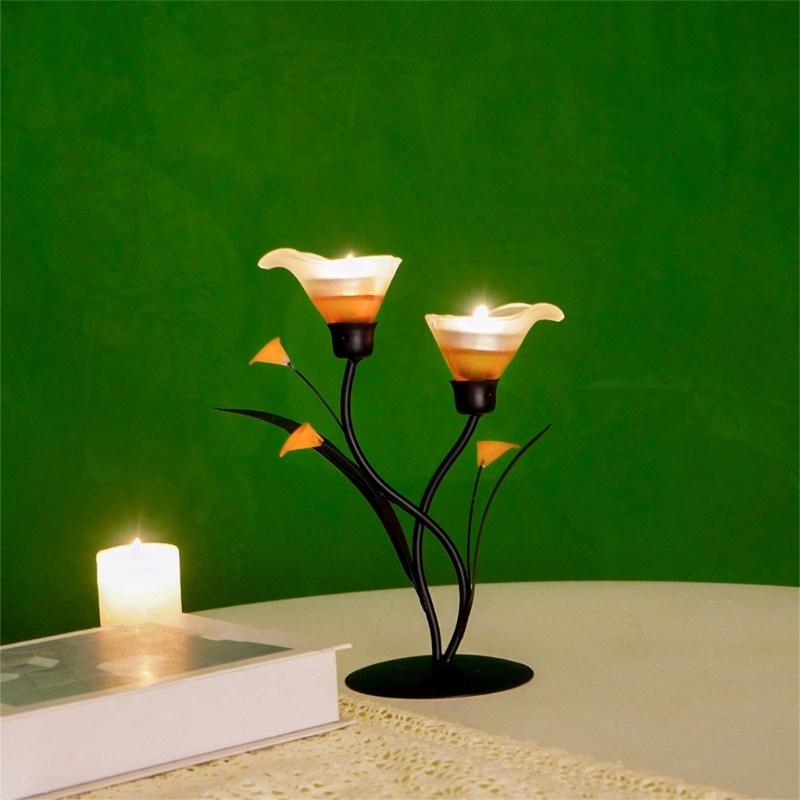 Eisenleuchter mit Glasblütenknospen Tischkerzenständer für Kamine Regal Arbeitsplatten Mittelstücke Kerzenständer