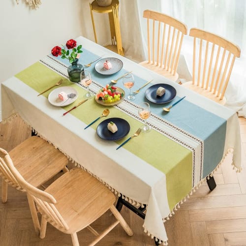 Retro Cotton Linen Tablecloth with Tassel Lace Table Cover for Party Banquet Dining Tables, Patina, 140x200cm