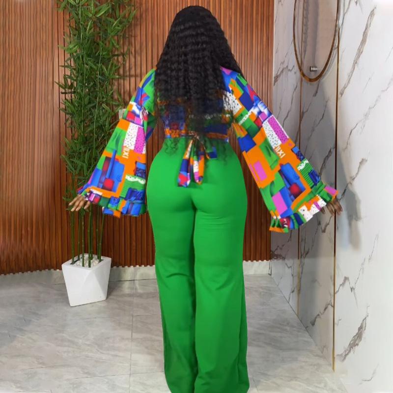 Women Plus Size Western Style Two Piece Set Flared Sleeve Top Wide Leg Pants Print