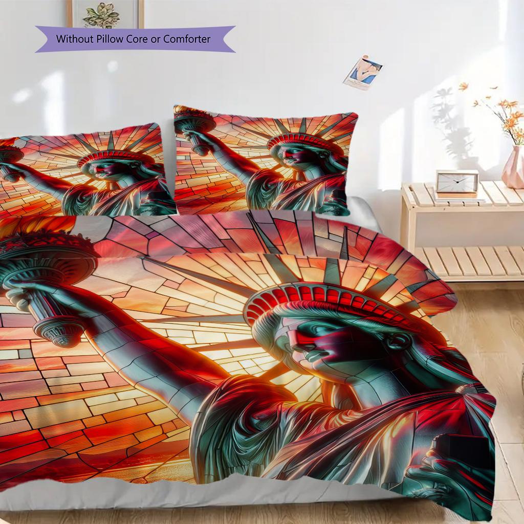 Patriotic Theme Statue of Liberty Bedding, Duvet Cover, Pillowcase, Home Decoration, Birthday Gift (1 * Duvet Cover+2 * Pillowcase, Coreless)