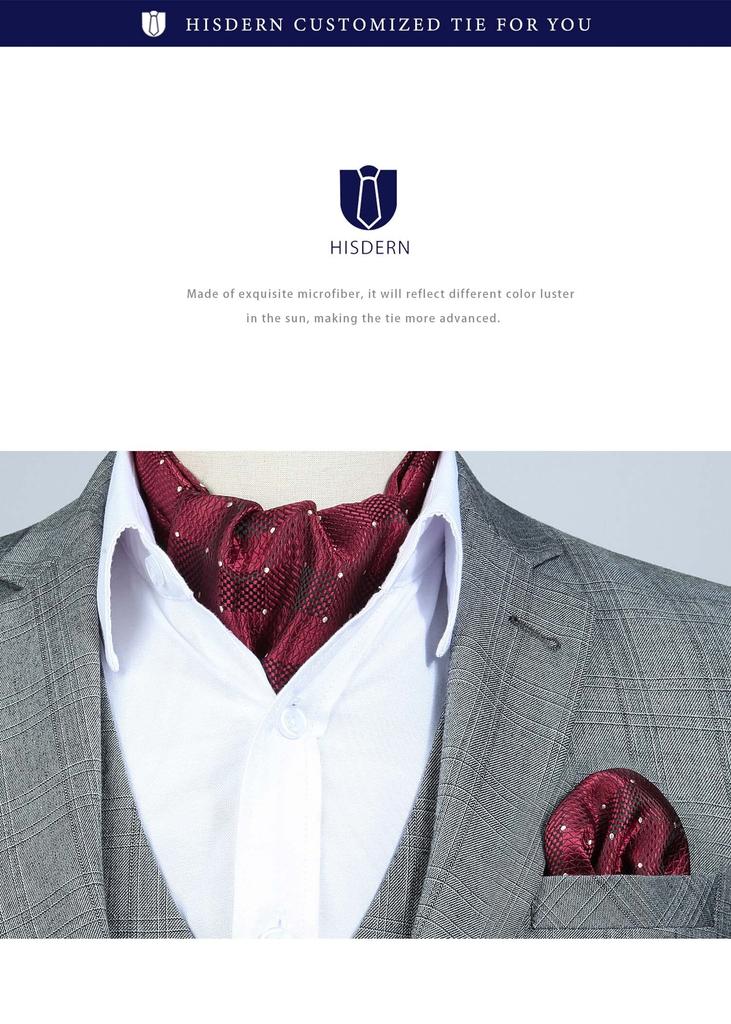 [HISDERN] Ascot Tie Men's Silk Red Wine Red Neck Scarf Formal Polka Dot Stylish Men's Wedding Gentleman RC-04S