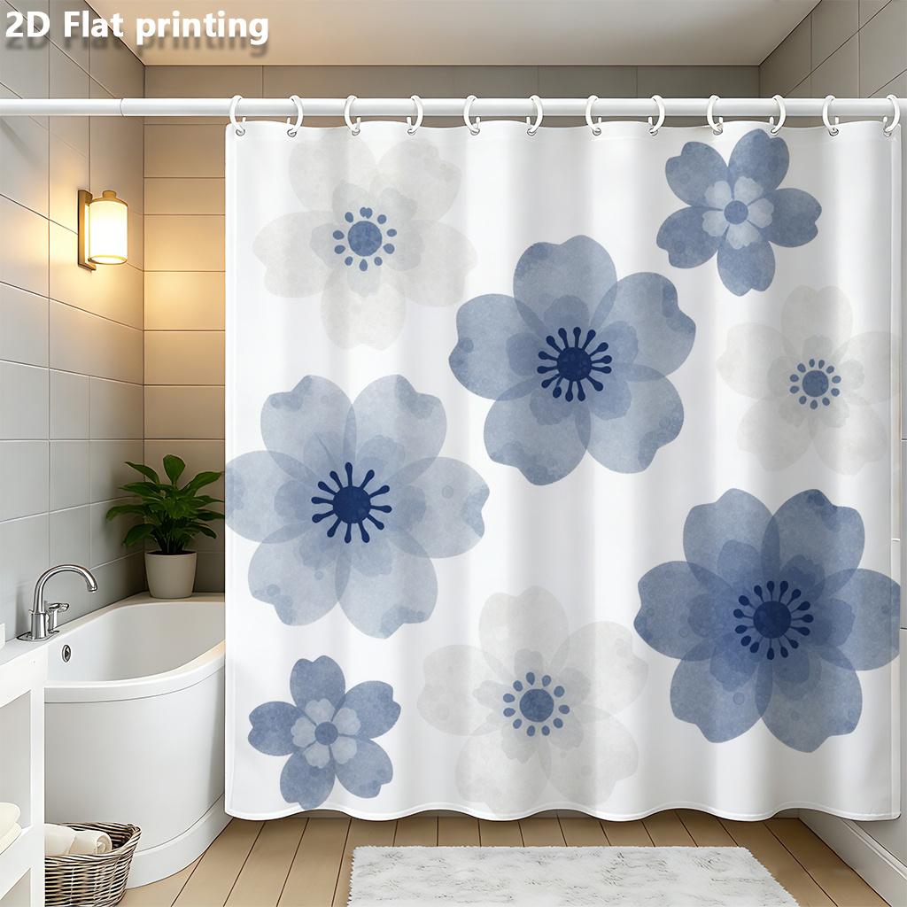 

Watercolor Blue & White Floral Shower Curtain 1Pc With 12 Hooks Polyester 2D Flat Print 70.8X70.8 Inch For Bathroom Decor W60H190(CM)-1 Pcs