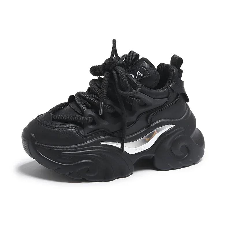 Fashion Thick Sole Women Breathable Leather Sneakers Fashion 8CM Heels High Platform Outdoor Sport Dad Shoes Trainers White Chunky Shoes