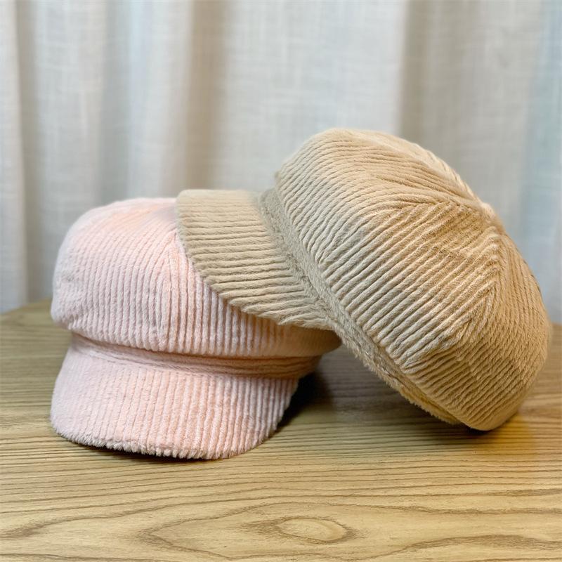 Corduroy Autumn and Winter Hat Female Octagonal Hat Beret Female Britain Sweet and Cute