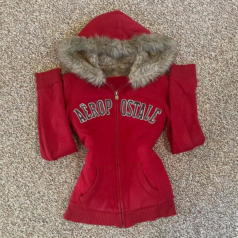 2KWEIRD American Retro Red Jaet Women's Vintage Small Design Sense Hoodie Sweatirt Autumn Winter Cotton