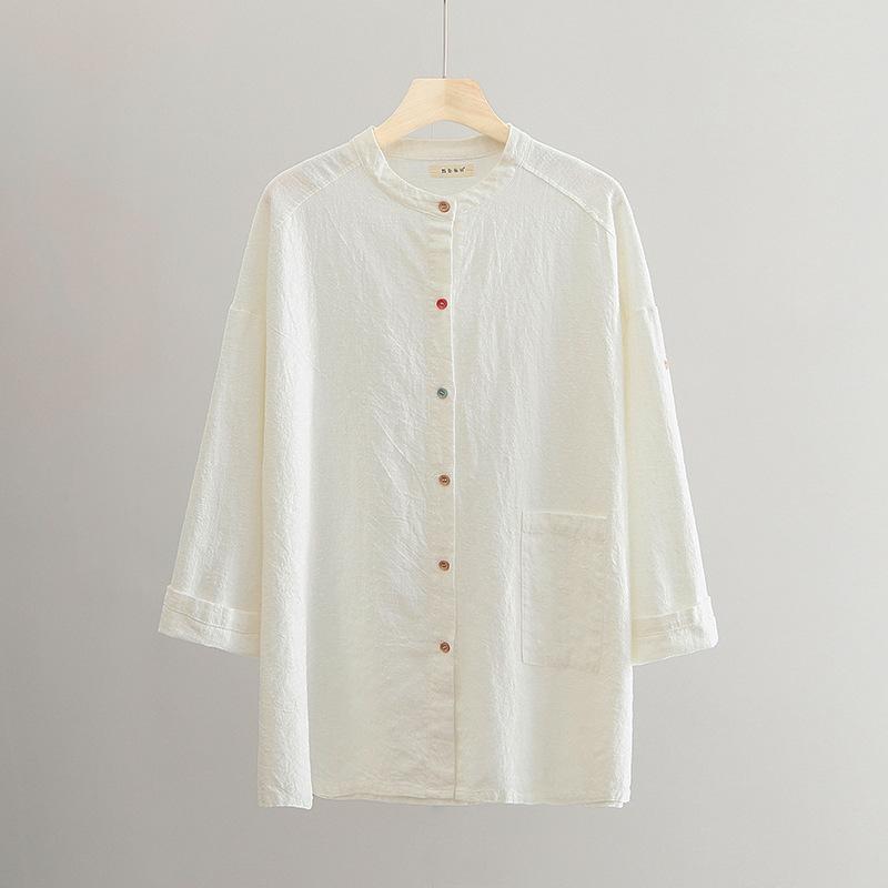 

Johnature женские льняные рубашки в китайском стиле, топы, весенние рубашки со стойкой и длинными рукавами, однотонные женские рубашки с карманами на пуговицах One Size бежевый