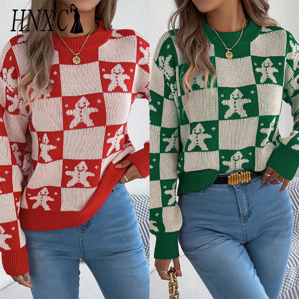 HNXC Autumn and Winter Snowman Checkered Lantern Long-sleeved Pullover Sweater Women's Christmas