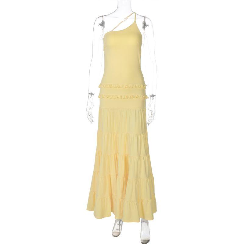 

Shemoda Vacation Style Sexy Open Back Cheese Yellow Dress Women s High Waist Silm Stitching Lace Pleated Dress Yellow L