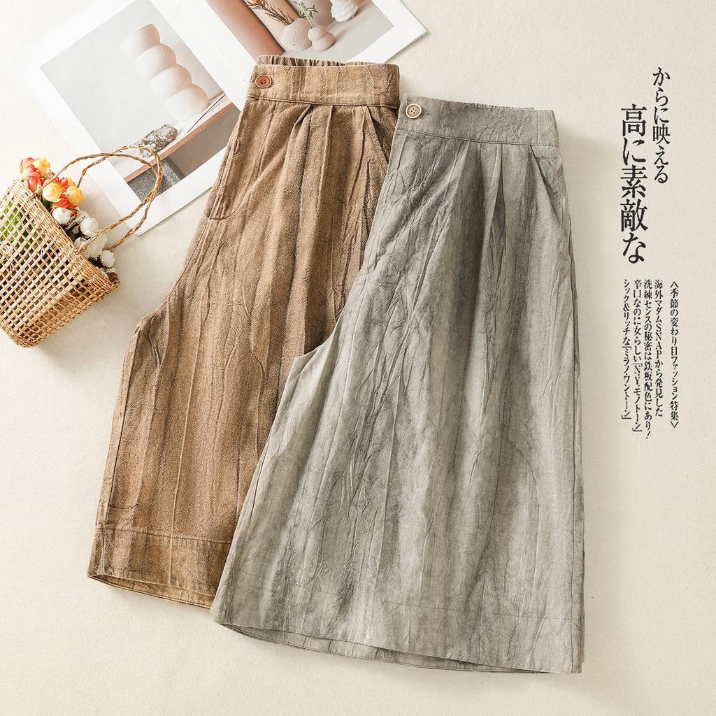 2025 Summer New High-waisted Thin Cotton and Linen Shorts Women's Thin Retro Versatile Loose Tie-dye Wide-leg Five-point Pants