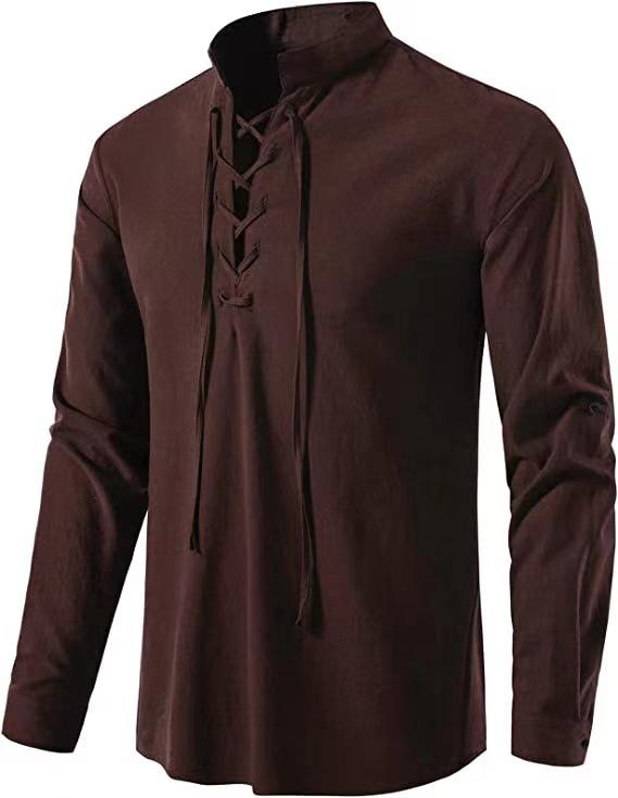 Men's Cotton Linen Henley Shirt, European Size, Long Sleeve, Casual Stand Collar, Spring Summer 2022 Collection