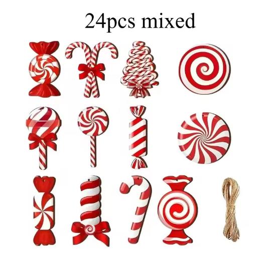 2D Flat,12/24pcs Wood Peppermint Candy Cane Ornaments with Jute Rope - Red White Swirl Suitable for Christmas Tree Decorations