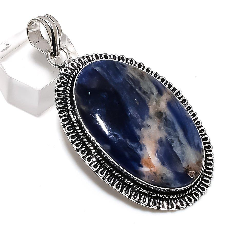 Natural Sodalite Gemstone Handmade 925 Sterling Silver Gift Pendant 2.48" p6V07