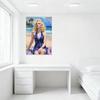 Sexy Blonde Woman Beach Scene Tin Sign Metal Poster - Voluminous Wavy Hair, Blue Star Dress, Golden Sand & Turquoise Ocean Wall