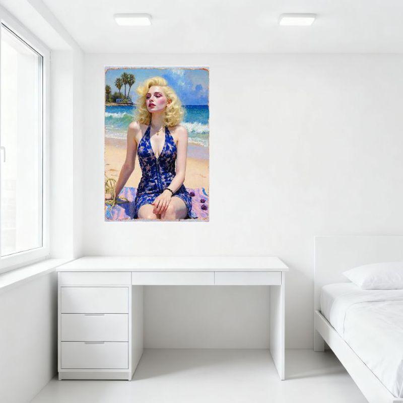 Sexy Blonde Woman Beach Scene Tin Sign Metal Poster - Voluminous Wavy Hair, Blue Star Dress, Golden Sand & Turquoise Ocean Wall