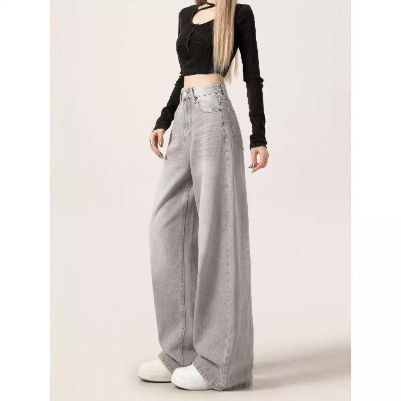 Women's High-Waisted Light Gray Wide-Leg Jeans - Autumn Collection, Floor-Length, Draped, Loose Fit