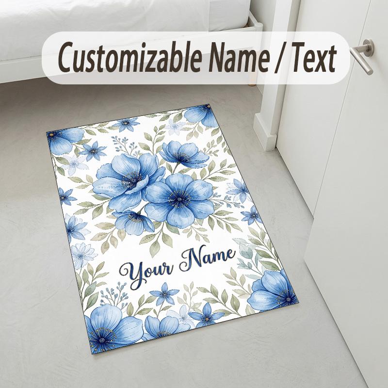 Blue Floral Elegance Theme Soft Crystal Velvet Rug Custom Name & Text Print Non Slip Floor Rug for Bedroom Living Room
