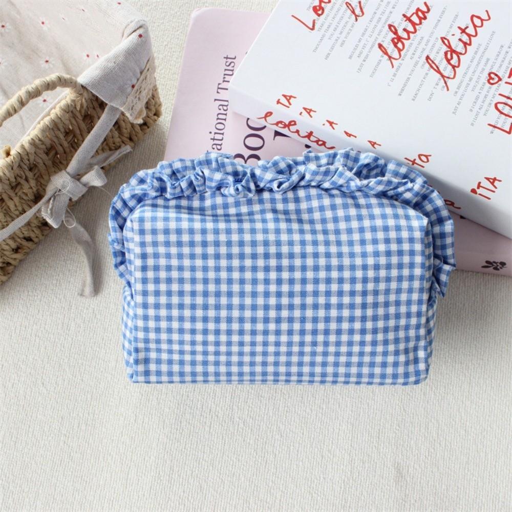 Gingham Plaid Ruffle Edge Makeup Bag Large Capacity Toiletry Bag Plaid Pattern Cosmetic Bag  Travel