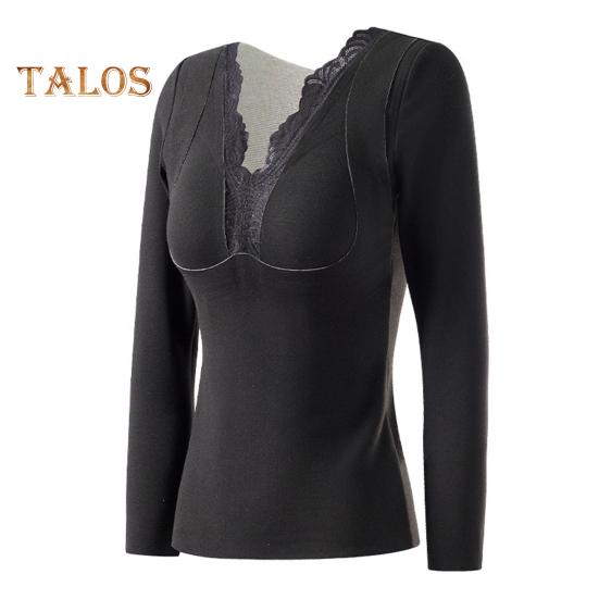 Thermal Bottoming Tops with Built-in Chest Pads DE Velvet Double Layer Warmth Long Sleeve Pullover Tops Solid Color Winter Inner Outer Wear