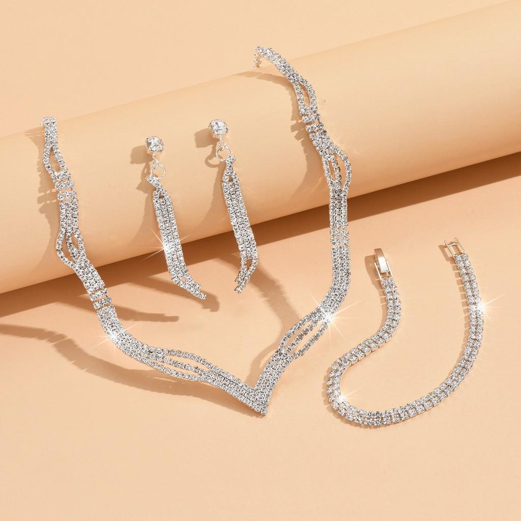 Super Flash Rhinestone Necklace Earrings Bracelet Set Clavicle Chain Bridal Jewelry Three-Piece Set
