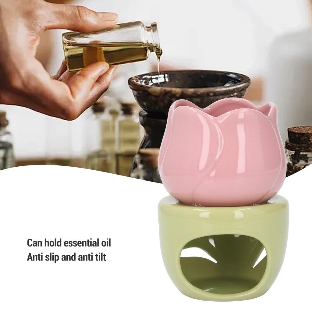 Pink Flower Shape Ceramic Aromatherapy Burner with Green Stand Tealight Candle Holder Essential Oil Burner