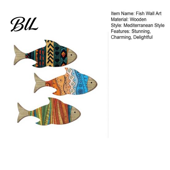 Children Room Wall Art 3 Pcs Wood Fish Nautical Decor Beach Coastal Hanging Bohemian Ornament Rustic Ocean Sculpture for Living Bedroom Dazzling