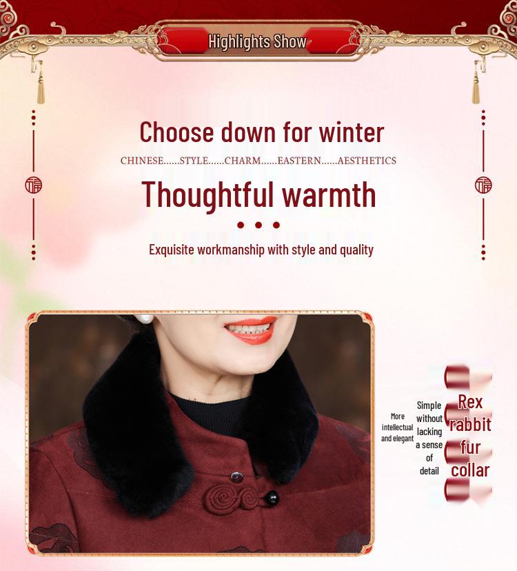 Elderly Women's Thickened Winter Down Jacket with Real Fur Collar