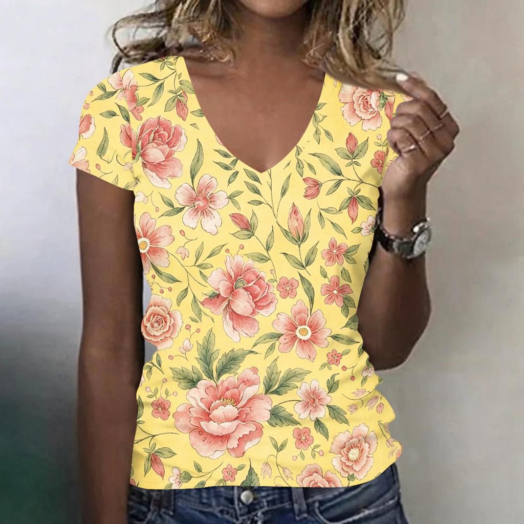 Damen V-Ausschnitt Kurzarm T-Shirt Blumendruck Lässig Lockerer Schnitt Leichtes Bequemes Oberteil für den täglichen Gebrauch