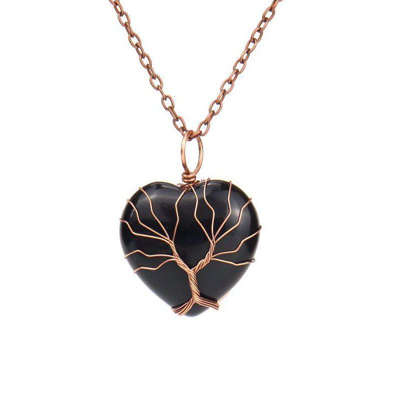 Ancient Red Copper Hand-Wound Peach Heart Natural Stone Heart-Shaped Powder Crystal Tree Of Life Necklace N519